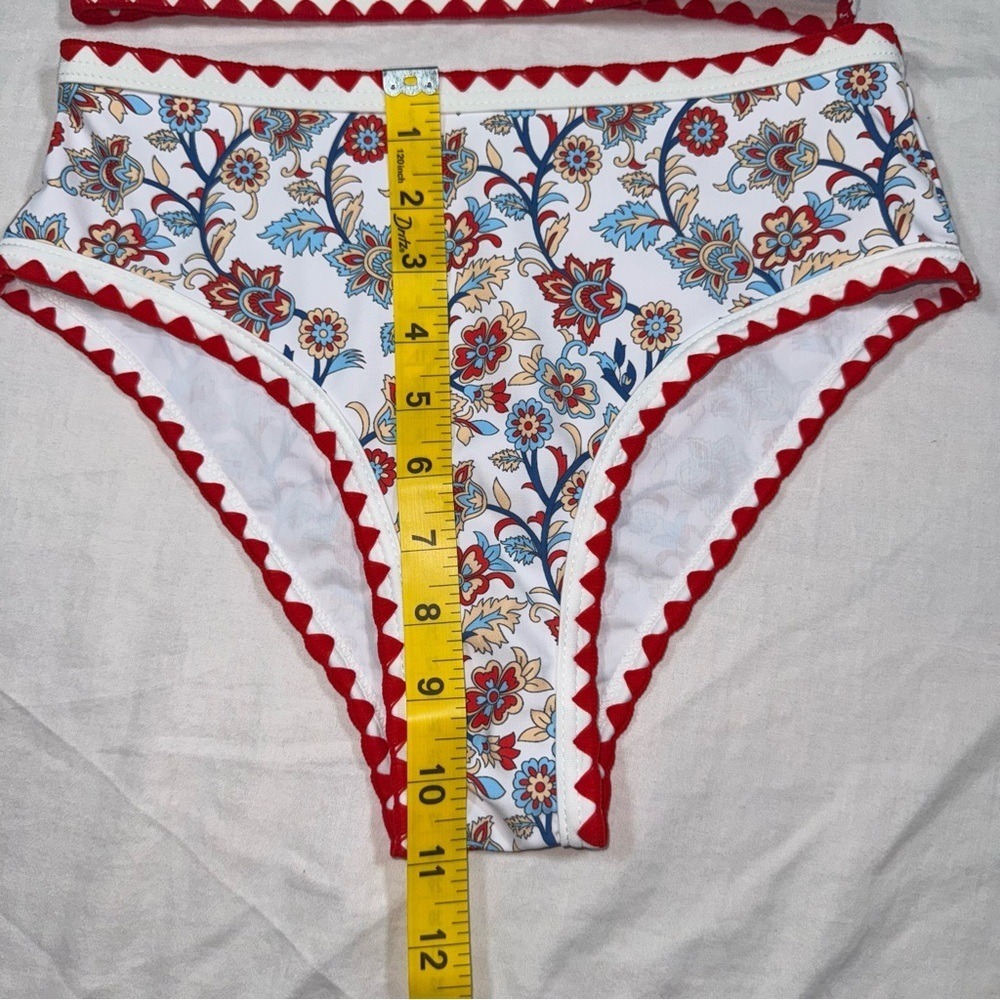 Floral Paisley Ric-Rac Trim High Waisted Bikini Set XS Red White Blue Swimsuit - Picture 7 of 8